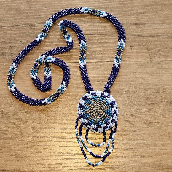 Vintage Native American Seed Bead Sun Circle Medallion Necklace - Picture 1 of 6